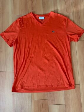 Lacoste Men's V‑Neck Short Sleeve Tee in Bright Orange